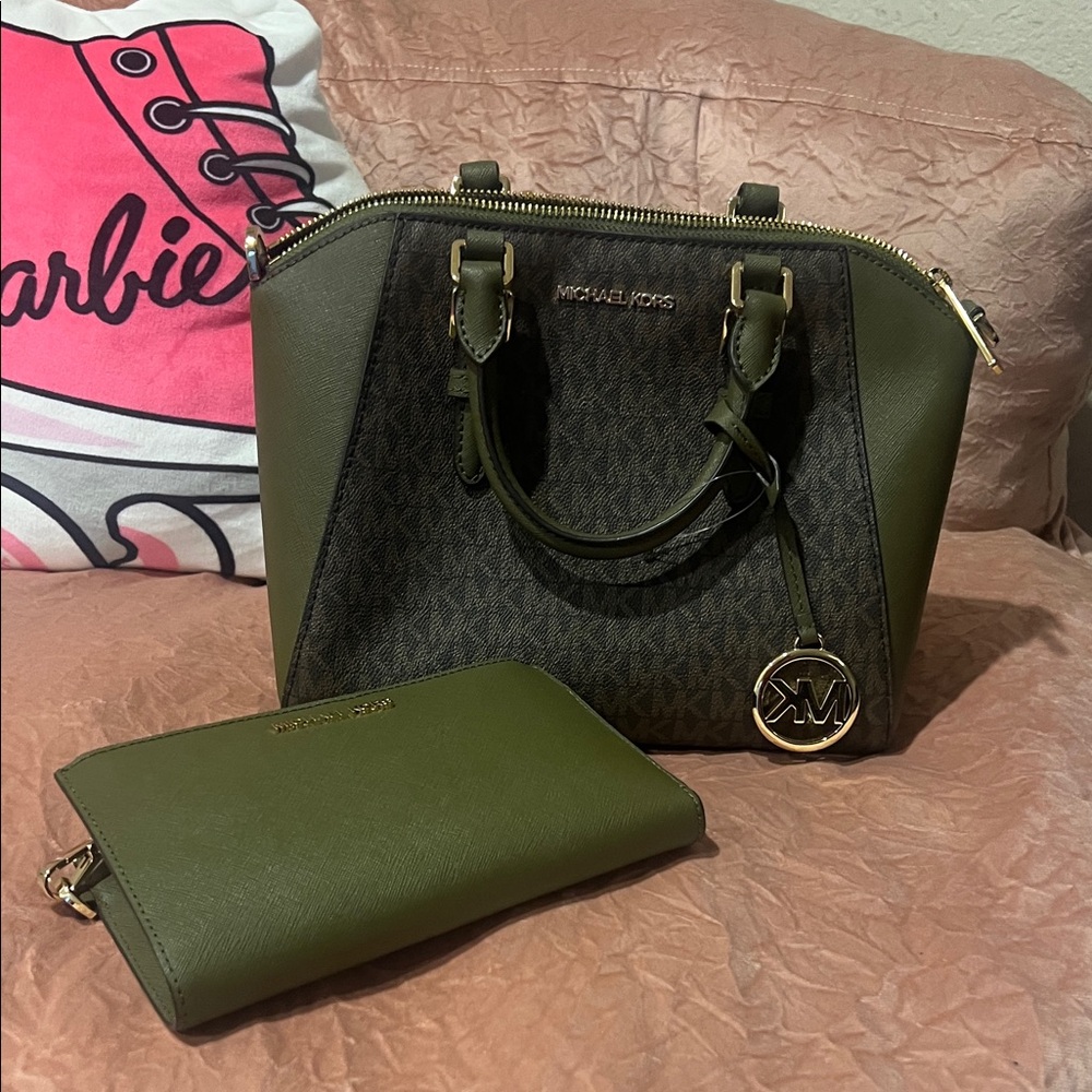 Michael Kors Olive and Brown Signature Satchel